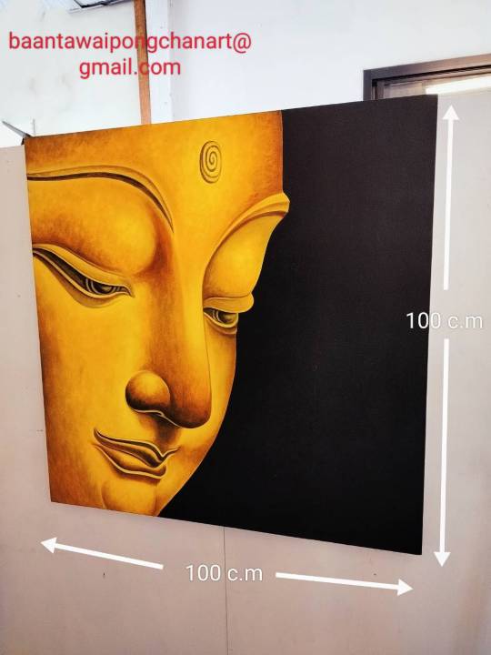 ภาพวาดหน้าพระพุทธรูปในผืนผ้าใบอยู่บนเฟรมไม้ขนาด100-100-3ช-ม-เทคนิคสีน้ำอะคริลิคงานแฮนด์เมด-100-จากฝีมือศิลปินระดับอาจารย์-ภาพวาดติดผนัง