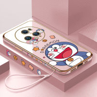 เคสพร้อมเคสสำหรับ Honor Magic5โปร (ฟรีสายคล้อง) ลายการ์ตูนน่ารักโดราเอมอนแมวขอบสี่เหลี่ยมเคสโทรศัพท์ชุบเคลือบหรูหราเคสโทรศัพท์นิ่ม