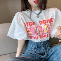 Puff Sleeve Top Women Tshirt Korean Style Fashion Cartoon Printed Tee Round Neck Casual Cotton T Shirt