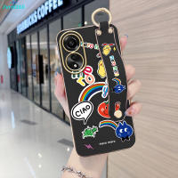 สำหรับ OPPO A78 4G (พร้อมสายรัดข้อมือ) ขอบสี่เหลี่ยมนิ่มลายการ์ตูนเด็กผู้หญิงยิ้มเคสโทรศัพท์ชุบเคสโทรศัพท์นิ่มสุดหรู