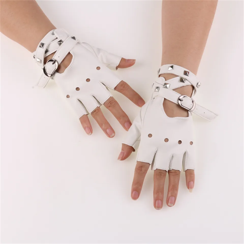 1Pair Hollow Out Rivet Punk Gloves Trendy PU Leather Fingerless Short Gloves  Hip Hop Rock Biker Driving Gloves For Women