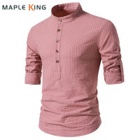 เสื้อลายสีชมพูสำหรับผู้ชาย Chemise Western Streetwear Vinatge Cotton Breathable เสื้อผู้ชาย Henry Collar Camisetas Tops