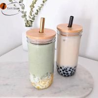 Mason Jars for Drinking Cup Bubble Tea Glass Cup with Bamboo Lid Reusable Glass Boba Smoothie Cup with Stainless Steel Straw Cup