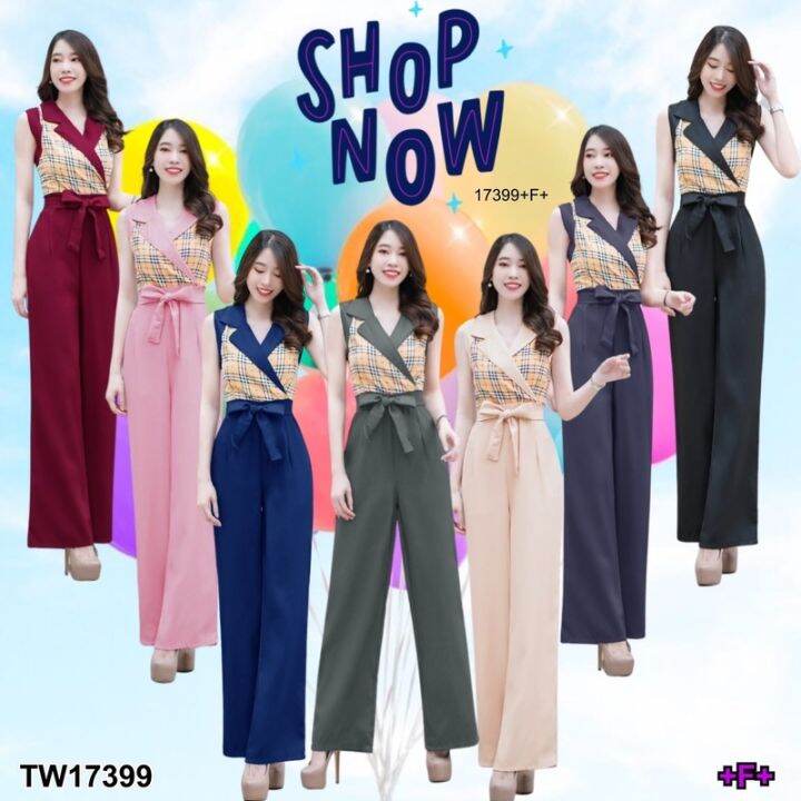 tw17399-jumpsuit-bbr-แขนกุดขายาว-ผูกโบว์เอว