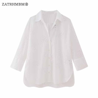 ZATRHMBM 2023ผู้หญิงแฟชั่นไม่สมมาตรเสื้อเชิ้ตสีขาวคัตเอาท์ปักเสื้อวินเทจแขนยาวหญิงเสื้อ B Lusas เก๋ท็อปส์