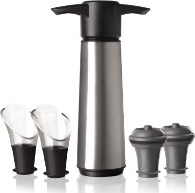 Vacu Vin Wine Saver - Stainless Steel - 1 Pump 2 Stoppers 2 Servers - Wine Stoppers for Bottles with Vacuum Pump and Pourer - Reusable - Made in the Netherlands 2 Stoppers + 2 Server