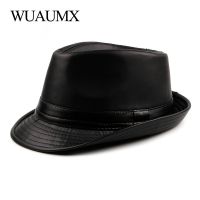 Wuaumx Brand Simple Jazz Caps Men PU Leather Fedoras Hat For Male Autumn Winter Retro Bowler Hats Vintage Black Panama Cap