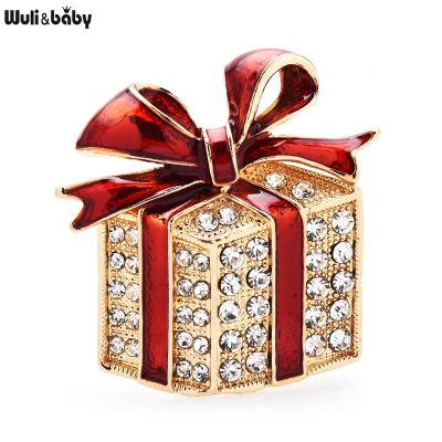 Wuli amp;baby Rhinestone Enamel Gift Box Brooches For Women Men Red Green Bowknot Box Casual Party Brooch Pin Gifts