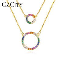 CZCITY Double Layers Circle 925เงินสเตอร์ลิงสีรุ้ง Tiny CZ Cubic Zirconia สร้อยคอได้รับการรับรองเครื่องประดับ Fine