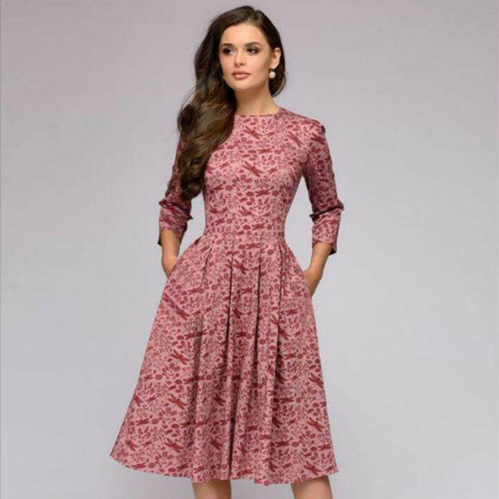 women-retro-tunic-3-4-long-sleeved-floral-print-bodycon-dresses-vintage-dress-elegant-ladies-dress