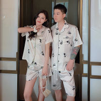 Xiaohongshu Explosion National Treasure Panda Printing Silk Couple Pajamas Set Female Summer Short -Sleeved Shorts Male