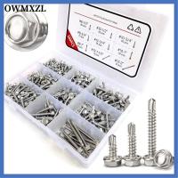 OWMXZL 380Pcs 410สแตนเลสสตีล สกรูเกลียวปล่อยสำหรับโลหะ #8 #10 #12 1/2 "ถึง2" ชุดแยกสกรูเจาะด้วยตนเอง พร้อมกล่องเก็บของ สกรูโลหะแผ่น โลหะสำหรับตกแต่ง