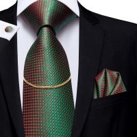 Hi Tie Mens Ties Green Luxury Hanky Cufflinks Set Red 100 Silk Fashion With NickTies Chain For Men Classic Business Wedding