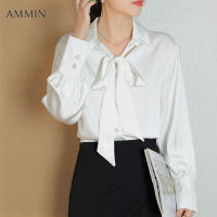 AMMIN สีขาวเสื้อเชิ้ตคอวีแขนยาวผูกโบว์,แฟชั่นสไตล์เกาหลีสำหรับ2023ฤดูใบไม้ร่วงอารมณ์เรียบง่ายใส่เที่ยวสำนักงาน Atasan Sifon หรูหรา