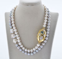 Z10786 2Row 18" 45mm White Gray Round Flower Pearl Gold-plating Necklace