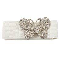 【CW】 Women Rhinestones Accent Butterfly Hook Buckle Elastic Cinch Waist Belt White