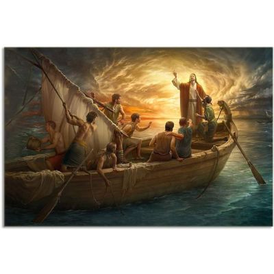 เรือพระเยซูคริสต์ในทะเลผนังทิวทัศน์ธรรมชาติโปสเตอร์ผ้าใบวาดภาพศิลปะภาพแต่งบ้าน0706