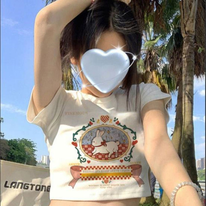 huilun-เสื้อครอปเสื้อแขนสั้นรัดรูปลายการ์ตูนเสื้อยืดพิมพ์ลายเสื้อผู้หญิงคอกลมฤดูร้อน