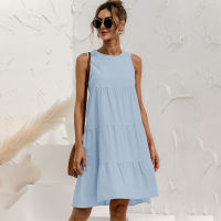 2021 Summer Casual Big Ruffles Midi Dress Women Loose O-Neck Cotton Sleeveless Dresses Ladies Fashion Party Dresses Femme Robe