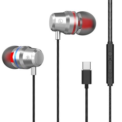 หูฟังชนิด In-Ear Type C,หูฟังมีสายหูฟังโลหะพร้อมไมโครโฟนหูฟังสำหรับเล่นกีฬาดนตรีประเภท C สำหรับ Samsung Xiaomi Mi 8 Huawei P20 P30 LeEco
