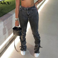 Kliou Cotton Pleated Women Jeans Side Split Hipster High Waist Slim Long Trousers Skinny Pockets Basic Streetwear Female Bottoms