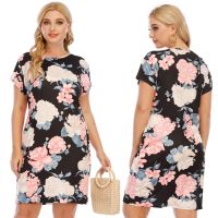 [COD] Cross-border supply plus size womens flower and plant print simple short-sleeved dress slim F200539