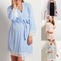 Casual Pregnant Robe Women Solid Color Maternity 3/4 Sleeve Lace Trim Bandage Nightgown Maternity Robe Sleep Tops