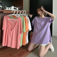 Cckoss พร้อมส่ง  เสื้อยืดเปลือยหลัง แขนสั้นเสื้อยืดเซ็กซี่ มีห้าสีสีลูกกวาด ไขว้หลัง ส้อมแยกชิ้นเสื้อ ลำลองหญิง ใหม่