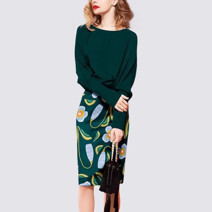 ชุดสูทสองชิ้นสำหรับผู้หญิงเสื้อเชิ้ตพิมพ์ลายเสื้อเชิ้ตสีเขียวใหม่2023ฤดูใบไม้ร่วง