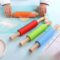 For Pasta Cookie Dough Non-Stick Silicone Rolling Pin Wooden Handle Pastry Dough Flour Roller Kitchen Cooking Baking Tool Bread  Cake Cookie Accessori