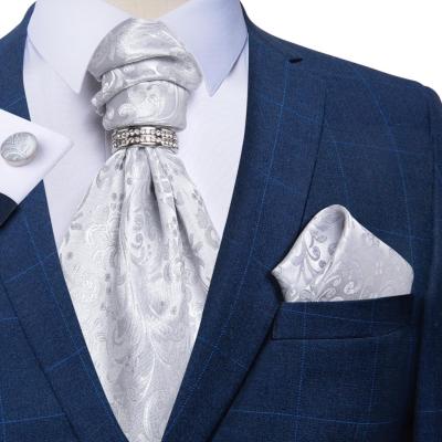 Men Luxury Silver Paisley Silk Ascot Tie Set Wedding Party Cravat White Ties Handkerchief Cufflinks Necktie Ring Sets DiBanGu