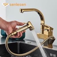 Senlesen Luxury Kitchen Faucet Golden Brass Bathroom Sink Tap Deck Mounted Pull Out Sprayer Led Spout Hot Cold Water Mixer Crane