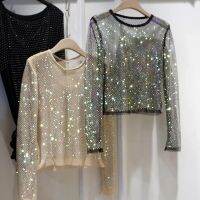 ใหม่สุภาพสตรีอารมณ์ Rhinestone รอบคอแขนยาวฤดูร้อนสดใส Starlight Hollow Shiny Bottoming เสื้อผู้หญิง Top Trend