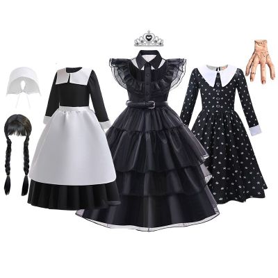 2023 New Movie Wednesday Girls Dresses Kids Cosplay Black Mesh Gothic Costumes Children Halloween Carnival Party Clothes 3-14T