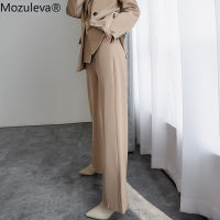 Mozuleva Elegant Spring Ladies 2 Pieces Trouser Set Full Sleeve Solid Suit Jackets &amp; Wide Leg Pants Fashion Women Pants Suits