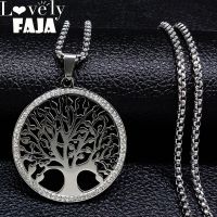 2022 Tree of Life Stainless Steel Necklace Women Crystal Silver Color Statement Necklace Jewelry colgantes mujer moda N18145