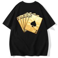 【Hot Sale】 European and tide brand unique poker bronzing short-sleeved T-shirt high street retro pure large size mens fashion