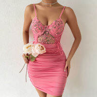 beautifultime Women See-Through Dress, Floral Lace Side Tie-Up Drawstring Sling One-Piece Bodycon Dresses