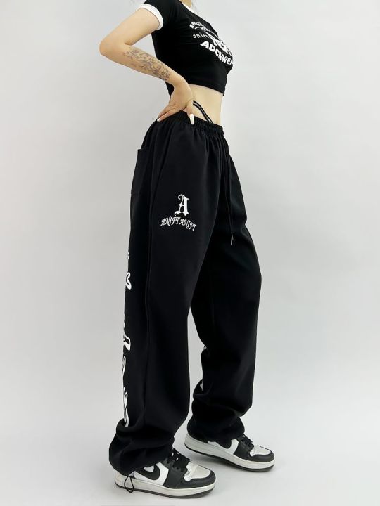 กางเกงวอร์มฮิปฮอปเก็ตสีดำสไตล์กอทิกกางเกงกีฬาขากว้างแนวกรันจ์เคป็อปกางเกงขายาวแบบหลวม-y2k-โอเวอร์ไซส์