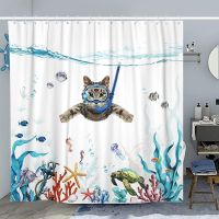 Funny Cat Shower Curtain Set Teal Blue Sea Ocean Fabric Shower Curtains with Animal Octopus Fish Bathroom Curtain Decor Hooks