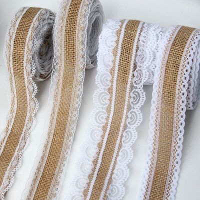 2.5cm Jute Burlap Ribbons with White Lace Trim DIY Handmade Crafts 2Meters Fabric Wedding Christmas Halloween Party Decoration Gift Wrapping  Bags