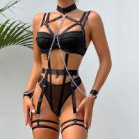 Sexy Lingerie Porn Lace Underwear Set 3-Piece Chain Bandage Transparent Bra And Underpants Intimate Porn Woman Sex Suits