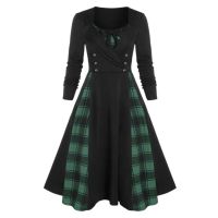 WomenS Christmas Contrast Check Pattern Stitching Double-Breasted Long-Sleeved Slim Dress