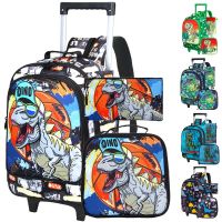 3PCS Rolling Backpack for Kids Boys Roller Wheels Bookbag Wheeled School Bag with Lunch Bag - Dinosaur