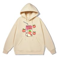 Peach Flavored Drink Box Kawaii Hoodie Men Cotton Thicken Sweatshirts Winter Warm Clothing Loose Oversized Sportswears Size XS-4XL