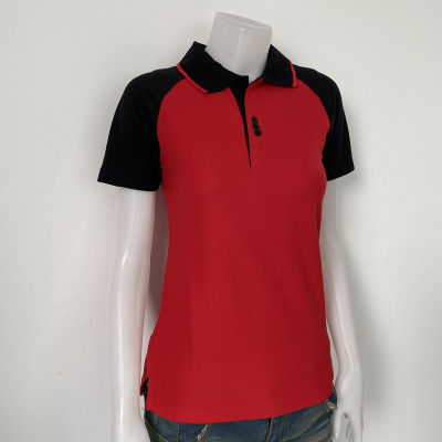 polo shirt แบบหญิง สีแดงแขนดำ เนื้อผ้านุ่ม สวมใส่สบาย แบบชาย มีกระเป๋า ส่วนแบบหญิง เป็นทรงเข้ารูป