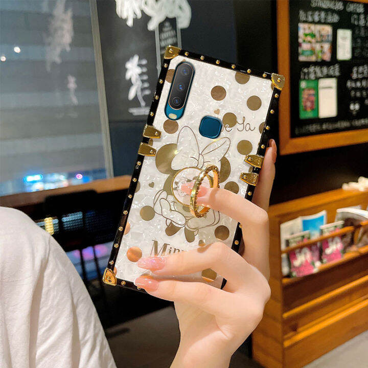 jiefie-สแควร์เคสโทรศัพท์หรูหราสำหรับ-vivo-y16-y15s-y15a-y12-y15-y17-y19-y01-y85-y91c-y91-y93-y95-y76-การ์ตูนน่ารัก-minnie-คู่กรณี-chrome-เงานุ่มฝาครอบโทรศัพท์-tpu-ขาตั้งแหวน