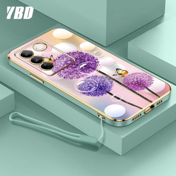 ybdเคสใหม่สำหรับ-vivo-v27e-v27-s16e-s16-s16-pro-v27-pro-เคสโทรศัพท์นิ่มชุบโครเมี่ยมสุดหรูแฟชั่นสีสันสดใสฟรีสายคล้องเคสแบบดอกไม้ผีเสื้อ