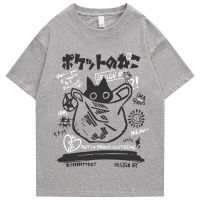 Camiseta de Hip-Hop para hombre, ropa de calle japonesa, Kanji, divertida Camiseta con estampado de gato, Harajuku de algodón, camiseta informal de manga corta, Tops 2023