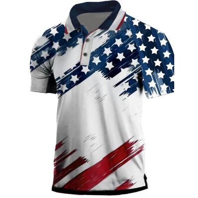 เสื้อโปโลสำหรับผู้ชายชุดเสื้อโปโลธงสหรัฐอเมริกาแบบวินเทจพิมพ์ลาย3D สำหรับผู้ชายเสื้อสเวตเตอร์เสื้อยืดผู้ชายลายแฟชั่นปกแขนสั้นลำลองสดใส